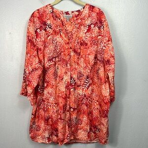 Catherines Pink & Orange Floral Print 3/4 Sleeve Button Front Blouse 1X